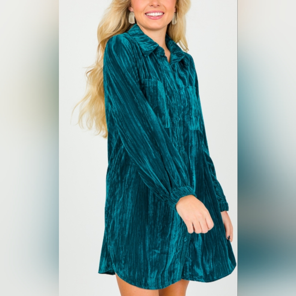 Boutique JODIFL Teal Velvet Button Down Shirt Dress Size: Large